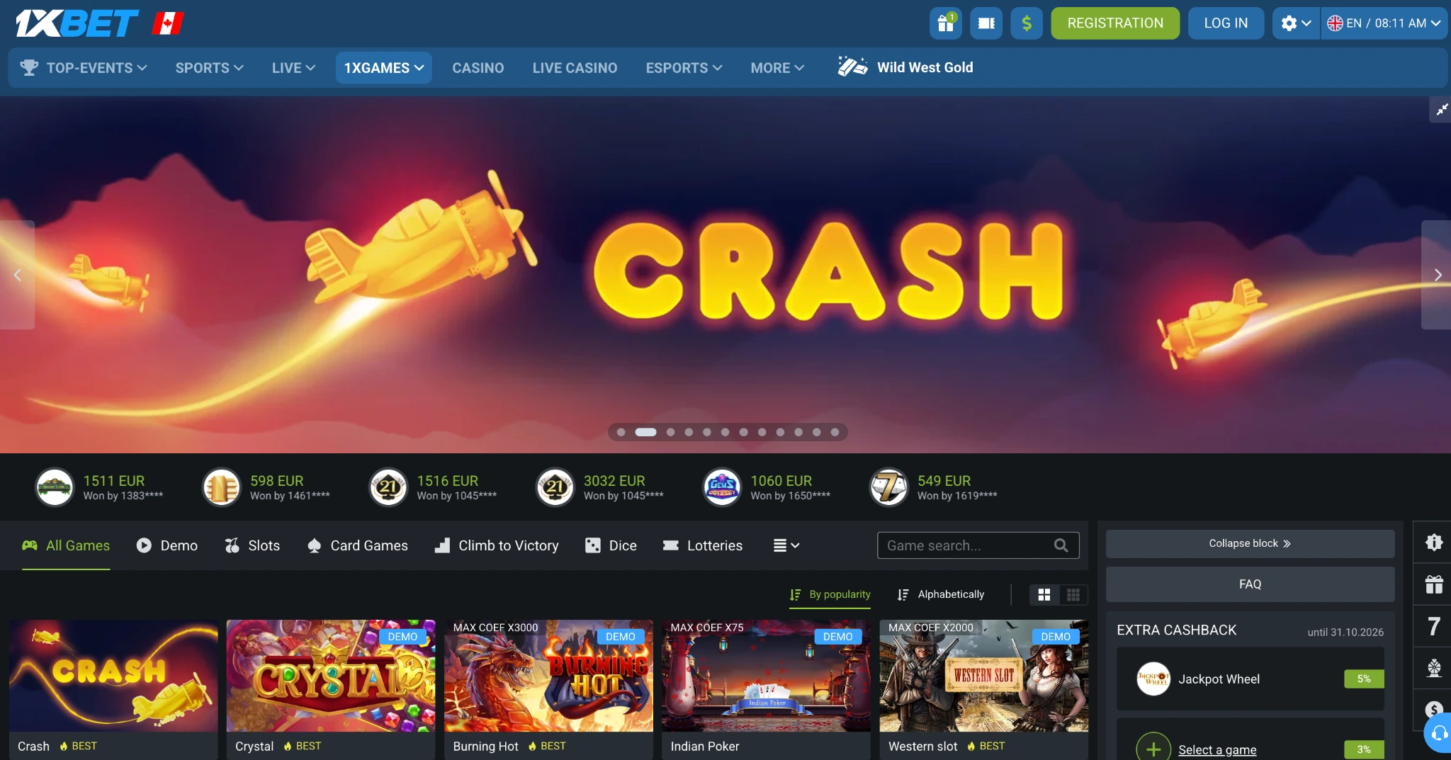 1xbet casino games section